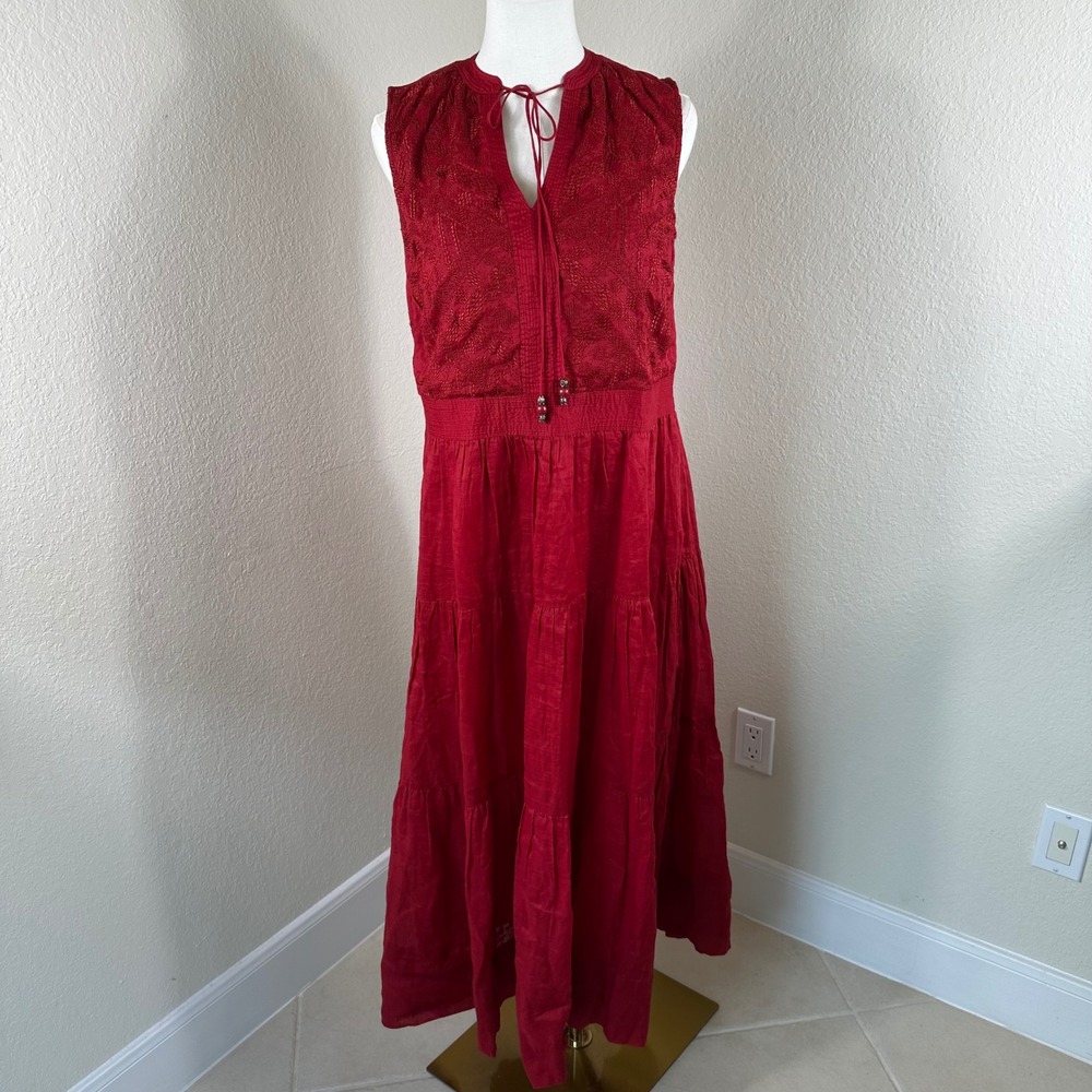 Sundance Maxi Dress Womens M Red Boho Tiered Linen Blend Embroidery Cottagecore - Picture 1 of 8
